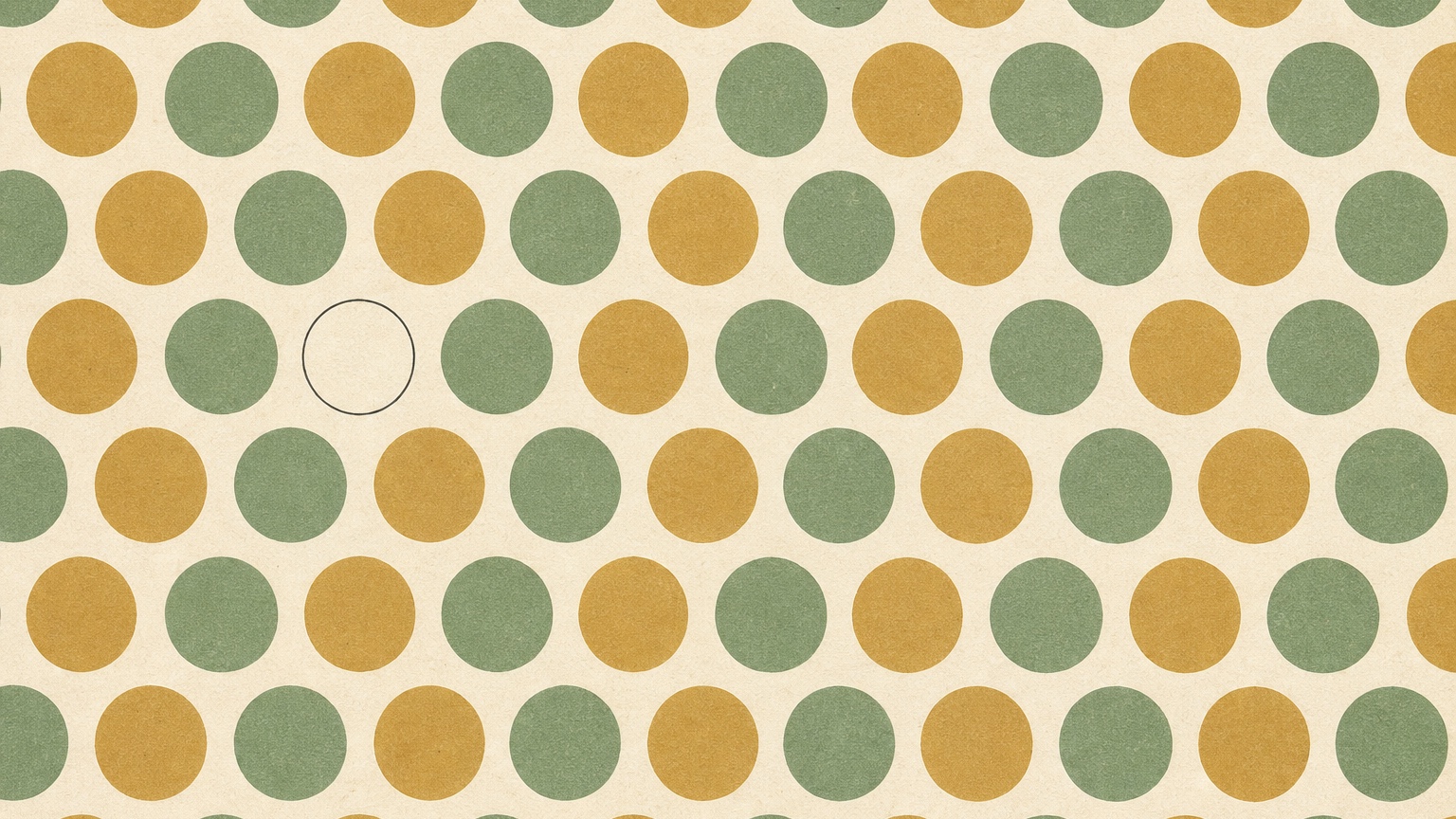 A printed pattern of evenly spaced ochre and sage circles on cream paper, with one circle in the middle row drawn as a thin outline instead of being filled in