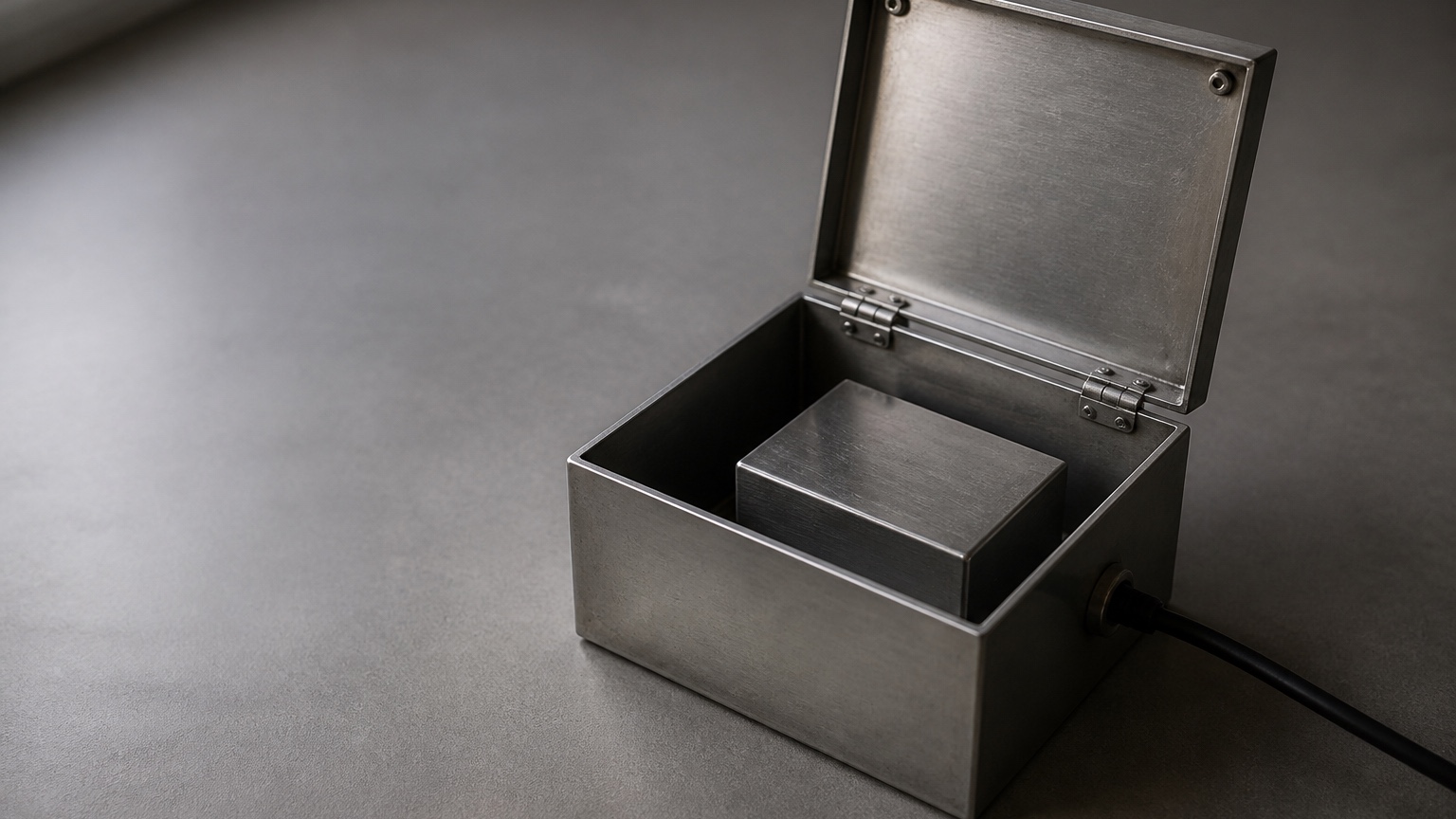 An open brushed-steel box containing a smaller closed metal box, with a black cable passing through the outer wall onto a grey workbench