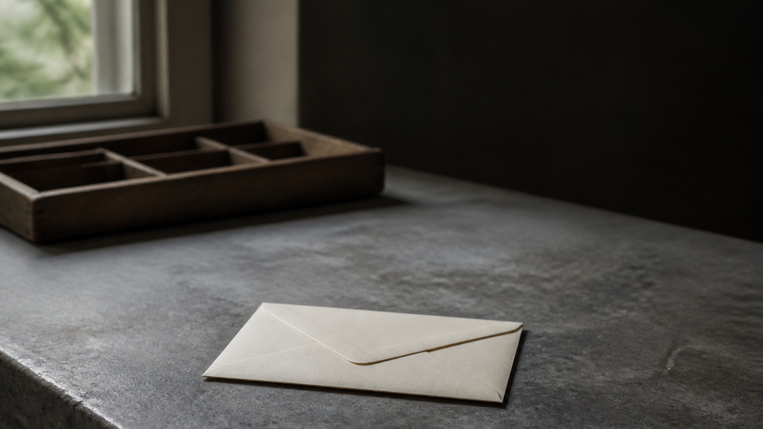 A sealed cream envelope lies on a worn grey stone table beside an empty wooden sorting tray, with a dark wall filling the upper-right of the frame