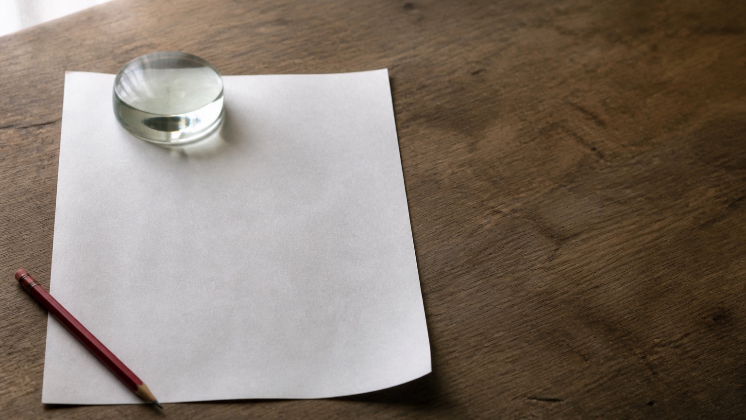 A single blank sheet of white paper lying askew on a dark worn wooden desk, a round glass paperweight resting on its top-left corner and a dark red pencil lying across its lower edge, with bare desk filling the right third of the frame