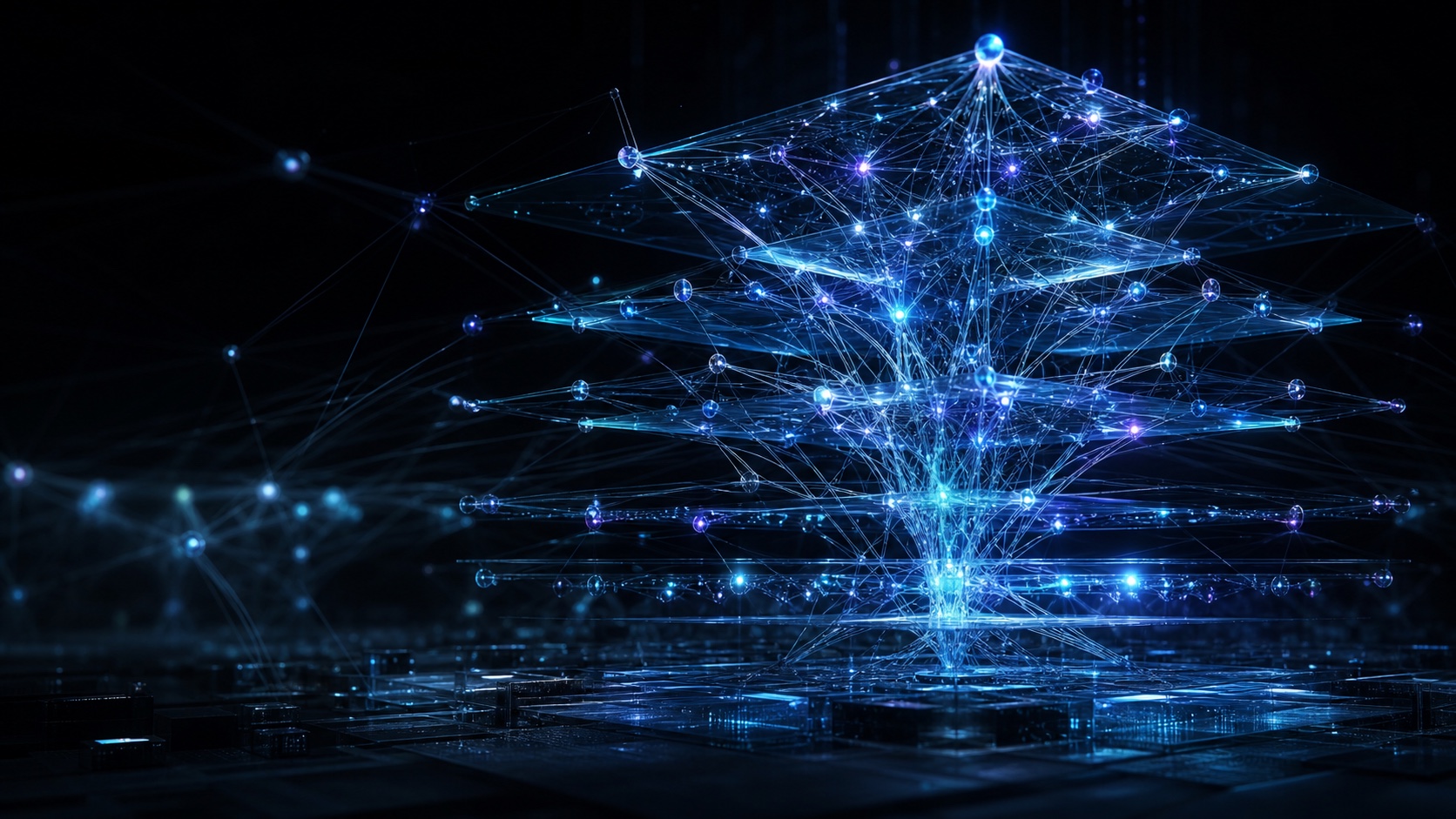 A tall lattice of glowing blue nodes arranged in stacked horizontal layers, connected by fine threads, rising from a dark circuit floor